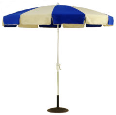 This is an example of a team color patio umbrella. Blue and white colored with silver frame and a black base.